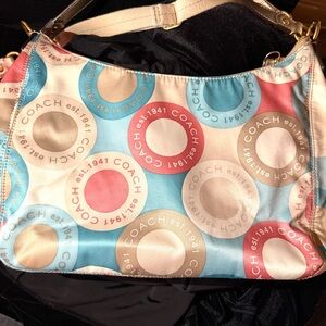 Coach Multicolor Circle Logo Satin Shoulder Bag - Blue Pink Beige small ink spot